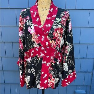 ❤️🖤❤️Soma silk kimono blouse wrap top black red XL oriental
